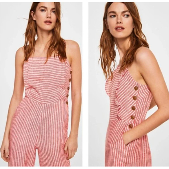 Ci Sono Pants - Ci Sono Jumpsuit Women's Size M Red Striped Linen Blend Spaghetti Straps